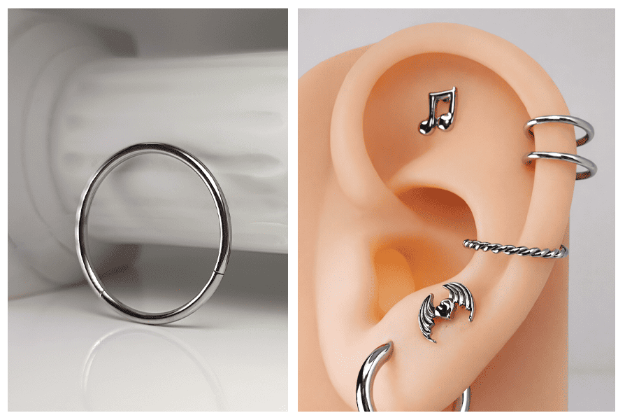 Stalowe kółko clicker w srebrnym kolorze, pokazane jako pojedynczy produkt na jasnym tle oraz w stylizacji na silikonowym uchu