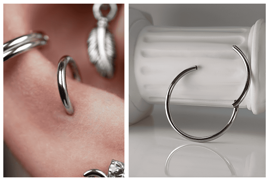Srebrne stalowe kółko clicker zaprezentowane w zbliżeniu na uchu oraz jako otwarty kolczyk z widocznym mechanizmem zatrzaskowym na białym tle