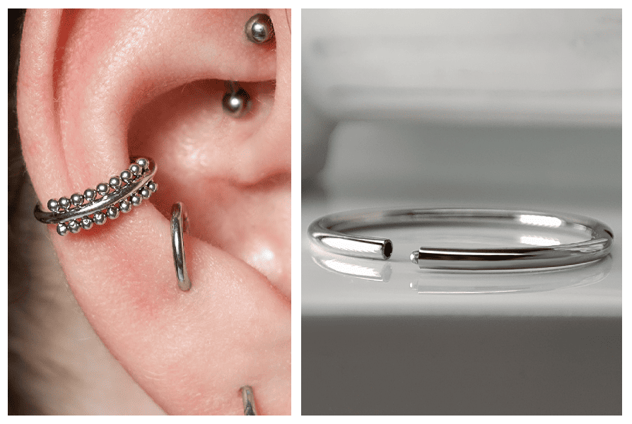 Srebrny kolczyk clicker w formie gładkiego kółka, przedstawiony w stylizacji na uchu oraz w zbliżeniu z widoczną konstrukcją kolczyka
