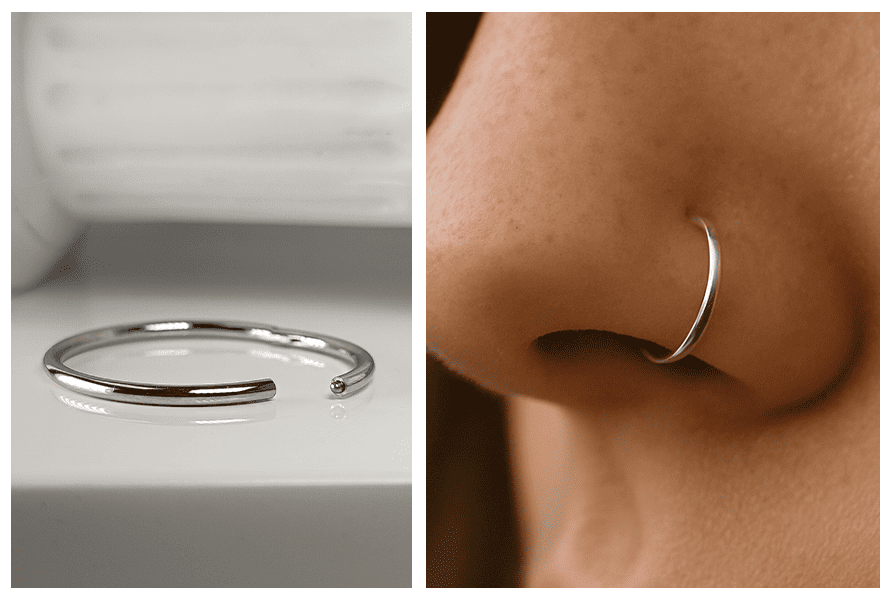 kStalowe kółko typu clicker w srebrnym kolorze, pokazane jako otwarty kolczyk na jasnym tle oraz założone w piercingu nosa
