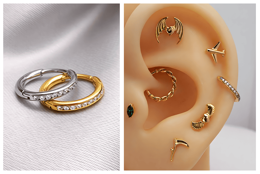 Kółko clicker z kryształkami w obręczy w kolorze złotym i srebrnym – dwa kółka na jasnym tle oraz przykład, jak wygląda w silikonowym modelu ucha