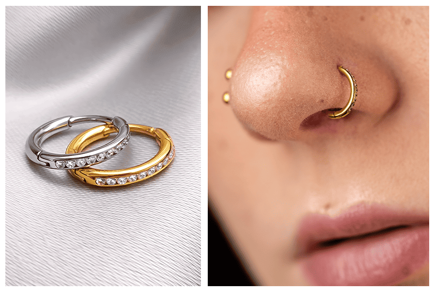 Zestawienie kółek clicker z kryształkami w rancie – srebrna i złota obręcz na jasnym tle + kolczyk w nosie (nostril)
