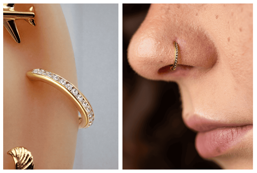 Złote kółko clicker z kryształkami w obręczy – makro na rząd kamyczków + ujęcie w piercingu nosa z profilu