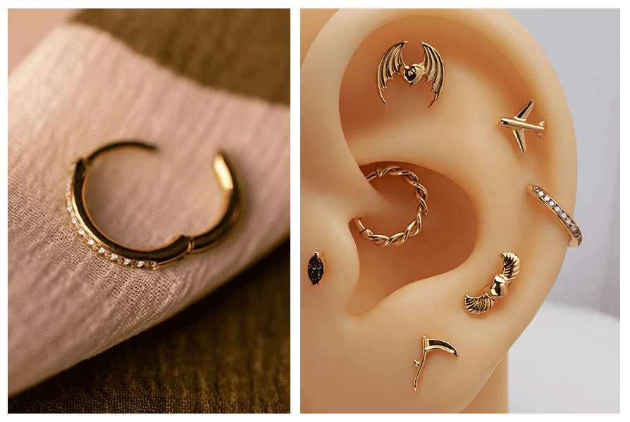 Kółko clicker z kryształkami – detal na materiale + przykład założenia w uchu (helix) na silikonowym modelu ucha