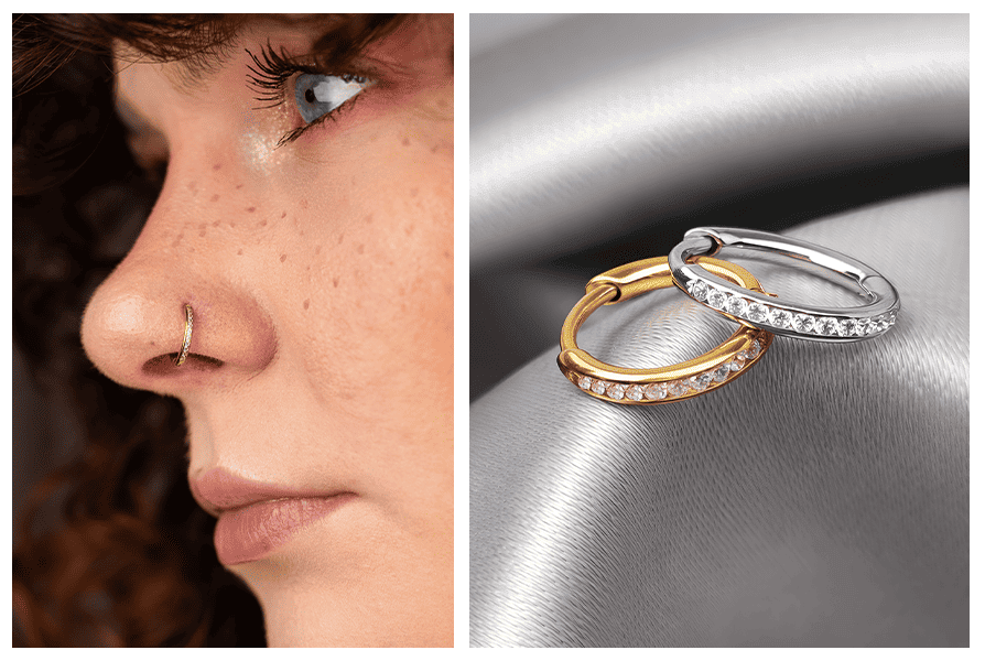 Cienkie kółko clicker do nosa z kryształkami – zdjęcie na twarzy z profilu + porównanie wersji złotej i srebrnej