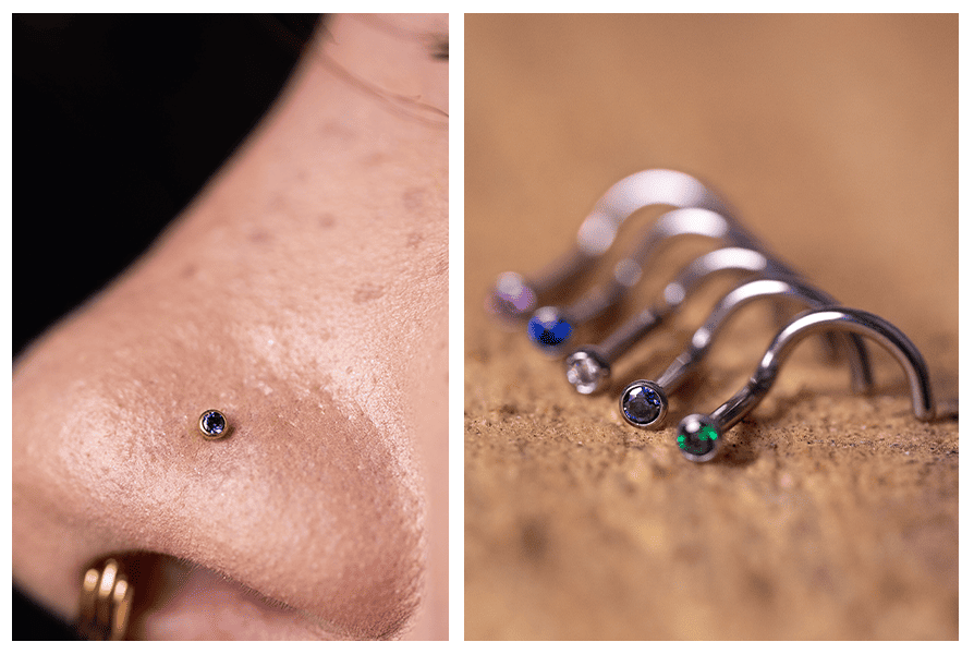 olczyk do nosa z tytanu G23 zakręcony z kryształkiem – zbliżenie w nosie oraz warianty kolorów