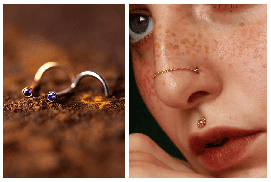 Zakręcany tytanowy kolczyk do nosa z kryształkiem – złoty i srebrny, ujęcie makro + lookbook