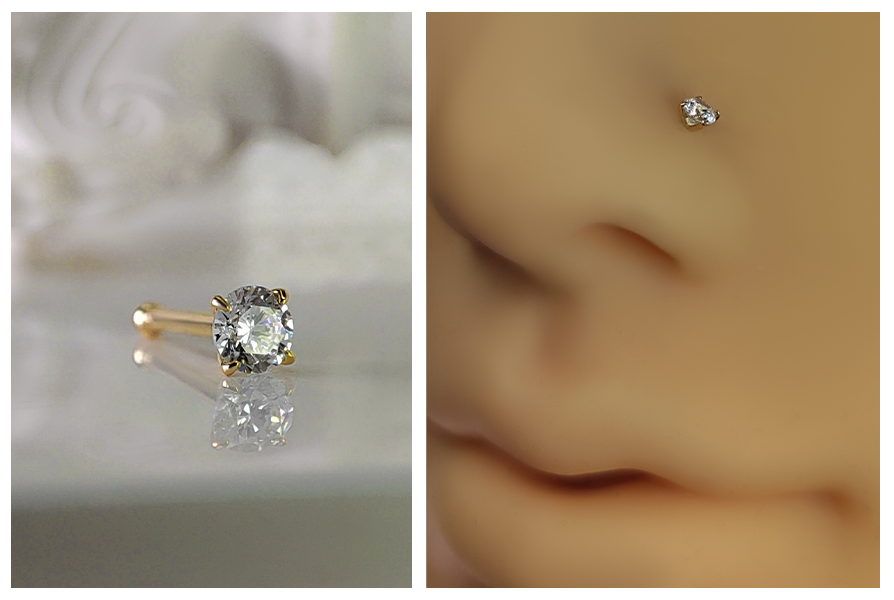 Kolczyk do nosa ze złota 14K z przezroczystym kryształkiem, pokazany na jasnym tle oraz założony na silikonowym skrzydełku nosa