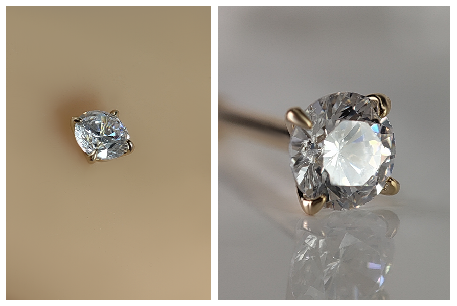 Złoty kolczyk do nosa 14K z błyszczącym kryształkiem w łapkach, zaprezentowany w zbliżeniu na skórze oraz w dużym detalu kamienia