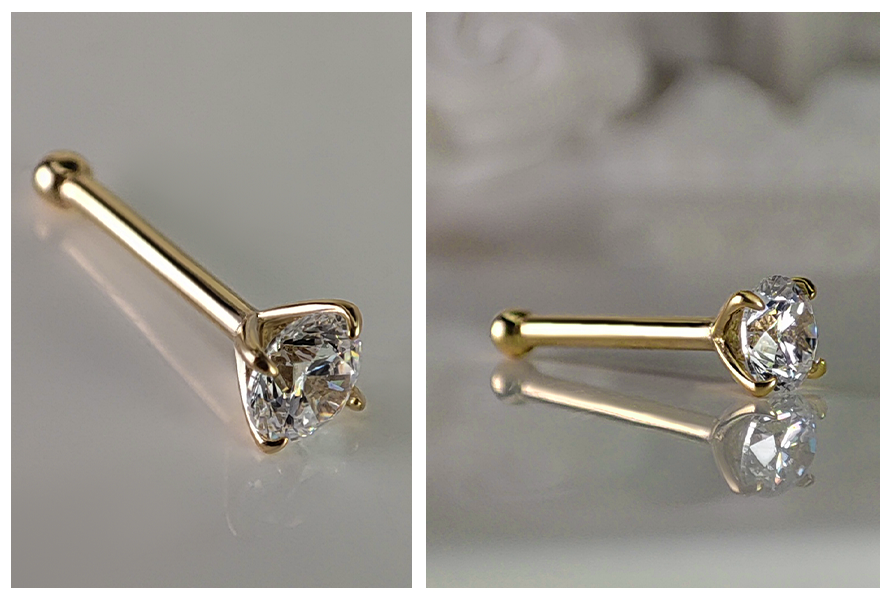 Kolczyk do nosa ze złota 14K z okrągłym kryształkiem, pokazany pod kątem na jasnym tle oraz w ujęciu bocznym z widoczną oprawą kamienia