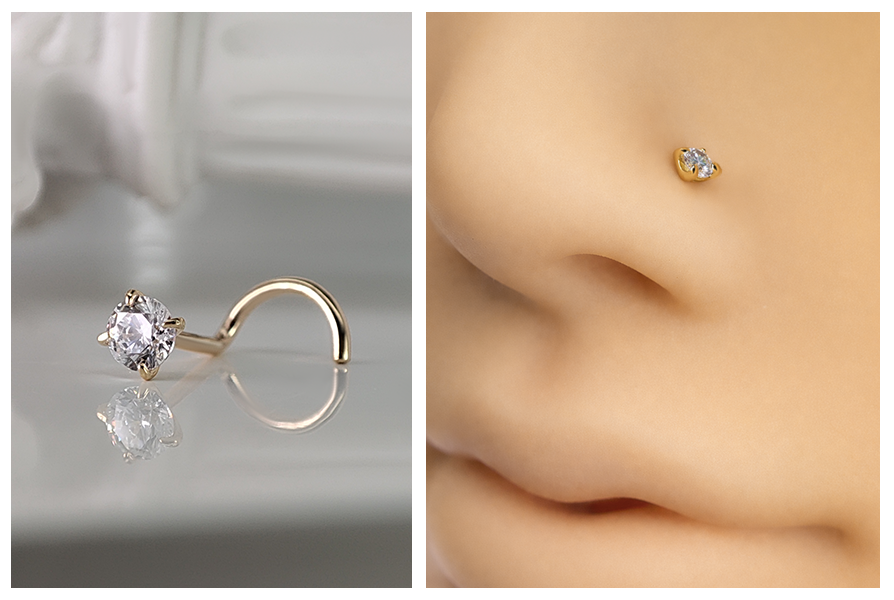 Kolczyk do nosa ze złota 14K z okrągłym przezroczystym kryształkiem, pokazany na jasnym tle oraz założony w silikonowym skrzydełku nosa