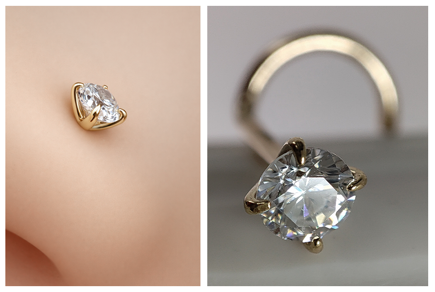 Złoty kolczyk do nosa 14K z okrągłym kryształkiem w łapkach, zaprezentowany w zbliżeniu na skórze oraz w dużym detalu oprawy kamienia