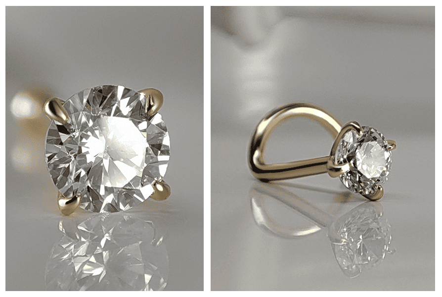 Kolczyk do nosa ze złota 14K z okrągłym kryształkiem, pokazany w makro z widocznym szlifem kamienia oraz w ujęciu bocznym z delikatnie wygiętym pręcikiem