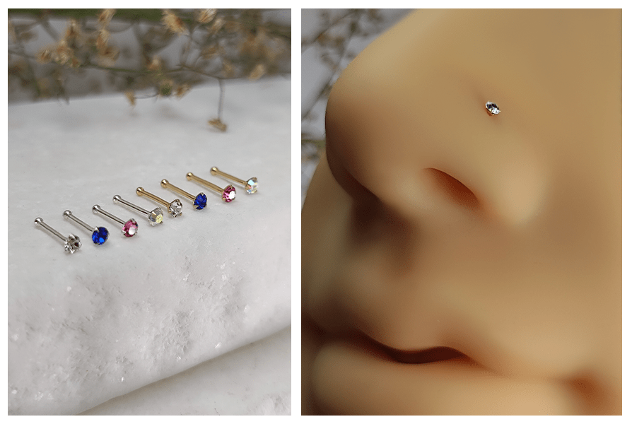 Zestaw prostych kolczyków do nosa z kryształem w oprawie w różnych kolorach na jasnym tle oraz zbliżenie małego, przezroczystego kryształu w piercingu nosa