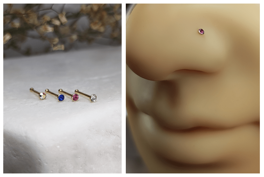 Zestaw prostych kolczyków do nosa z okrągłym kryształkiem w złotej oprawie na marmurowym tle oraz zbliżenie różowego kryształka w silikonowym nosie