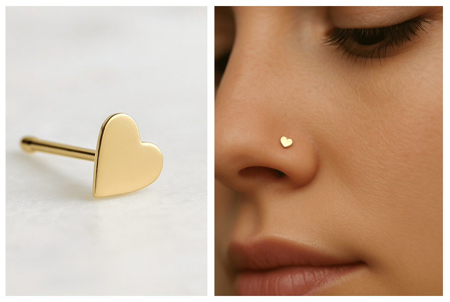 Złoty prosty kolczyk do nosa z gładkim serduszkiem pokazany z bliska na białym kamieniu oraz na profilu modelki z kolczykiem w kształcie serca w nosie