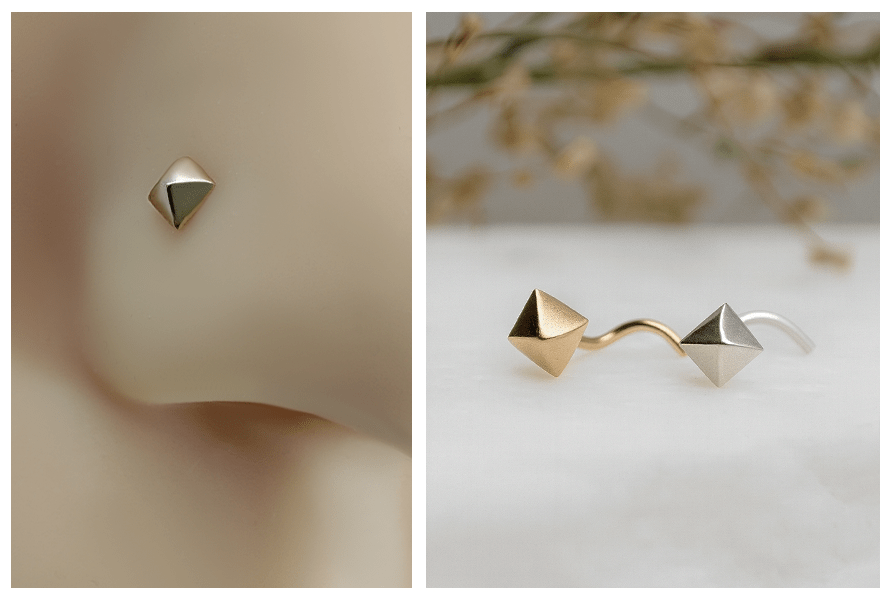 Srebrny zakręcony kolczyk do nosa z małym ćwiekiem założony w nosie z silikonu oraz para złotego i srebrnego kolczyka leżących na jasnym kamieniu