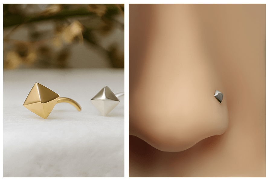 Zakręcony kolczyk do nosa z gładkim ćwiekiem w kolorze złotym i srebrnym pokazany z bliska oraz ujęcie małego srebrnego ćwieka w piercingu nosa z profilu