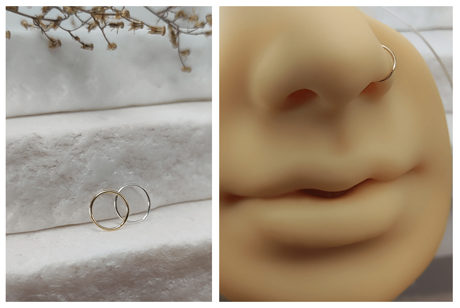 Rozginane gładkie kółko – minimalistyczny kolczyk do nosa w formie cienkiego kółka, pokazany w wersji złotej i srebrnej oraz na silikonowym modelu nosa