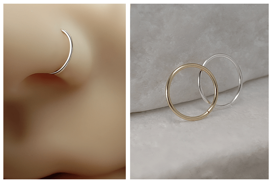 Rozginane gładkie kółko – delikatny kolczyk do nosa, założony na silikonowym modelu (płatek nosa) i pokazany z bliska w dwóch kolorach: złotym i srebrnym