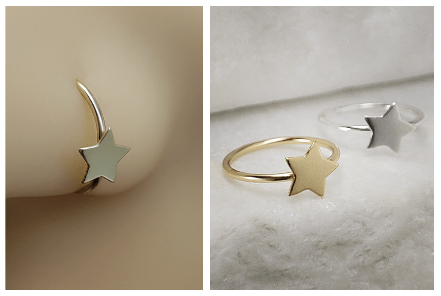 Rozginany kolczyk kółko w zbliżeniu na silikonowym modelu oraz w dwóch wersjach kolorystycznych – złotej i srebrnej, model rozginane kółko z gwiazdką