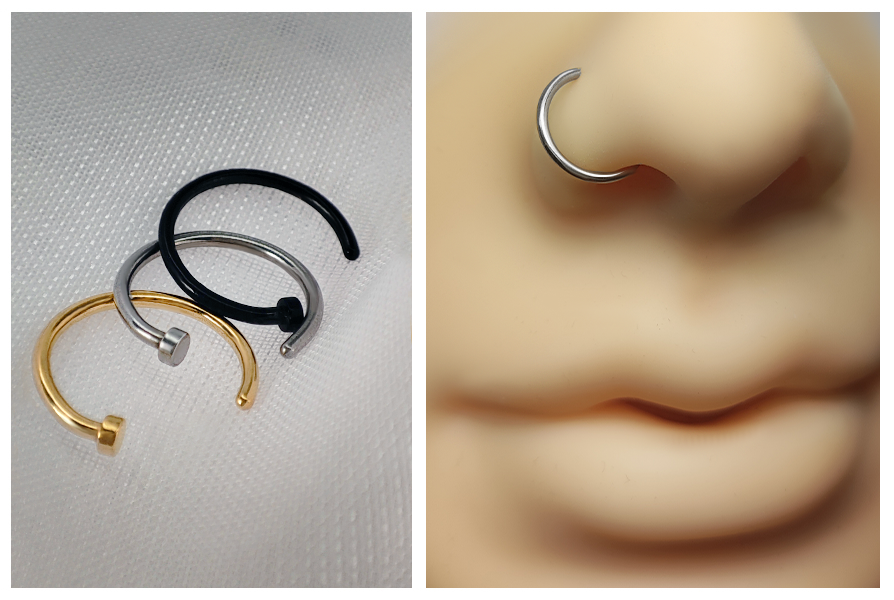 Trzy kolczyki do nosa otwarte kółko w kolorze złotym, srebrnym i czarnym na jasnym tle oraz zbliżenie srebrnego kółka w piercingu nosa