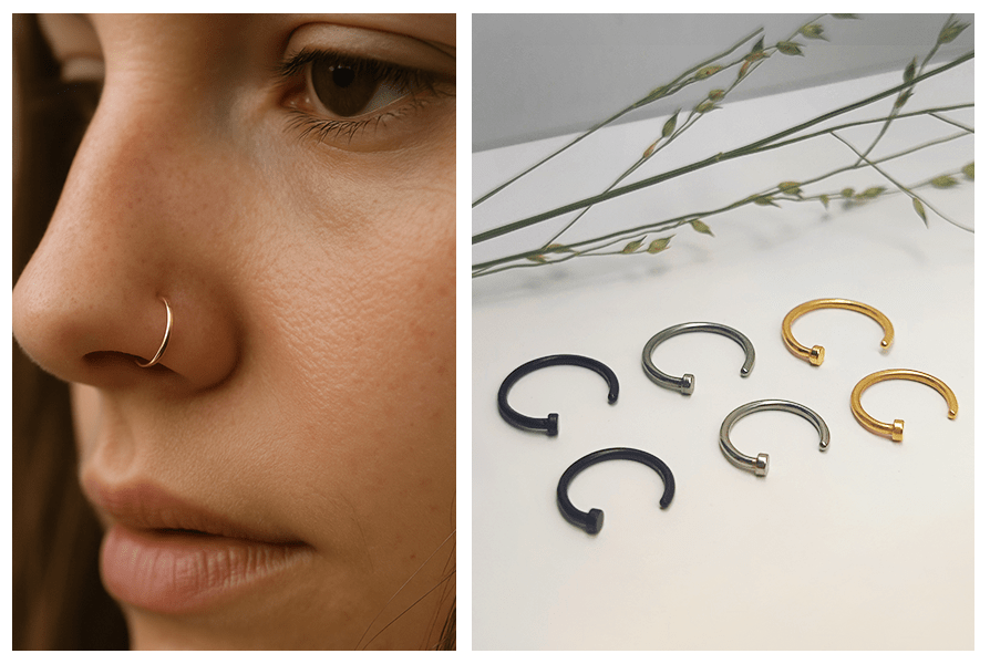 Profil modelki z delikatnym kolczykiem do nosa otwarte kółko oraz zestaw sześciu kółek w kolorach złotym, srebrnym i czarnym rozłożonych na białym tle