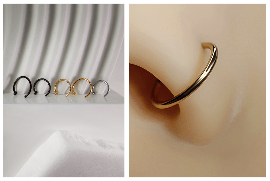 Rząd kolczyków do nosa typu otwarte kółko w odcieniach czerni, złota i srebra na minimalistycznym tle oraz zbliżenie złotego kółka założonego w nosie