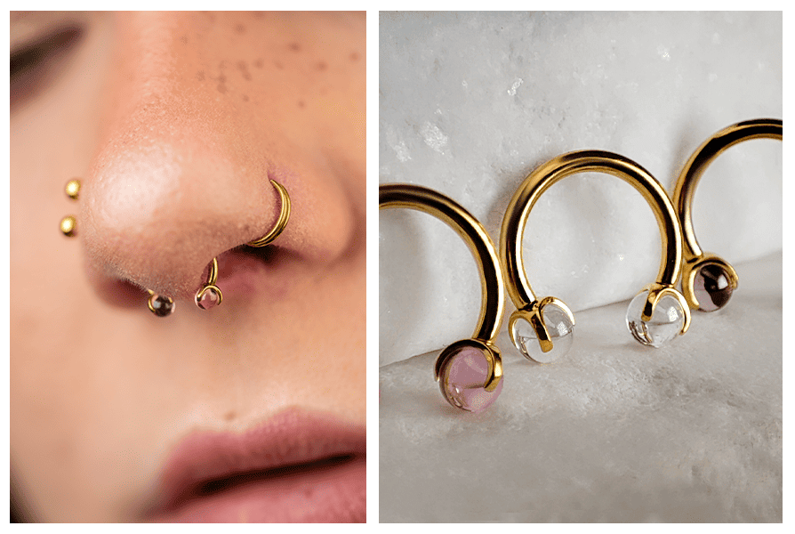 Podkówka do septum z przezroczystymi kulkami – jak wygląda w nosie + ujęcie produktu w kolorze złotym