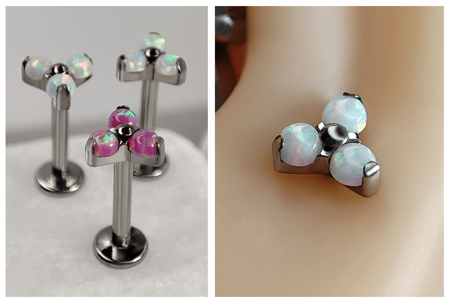 kolczyk labret z trzema opalami
