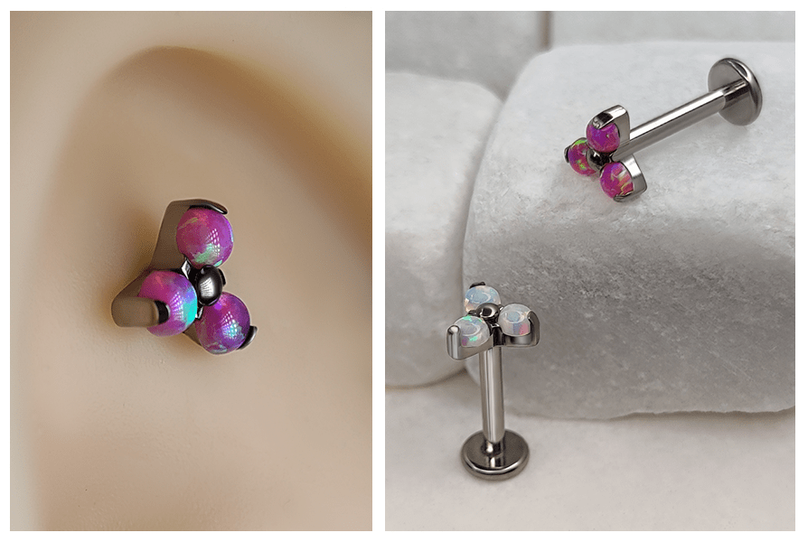 kolczyk labret z trzema opalami