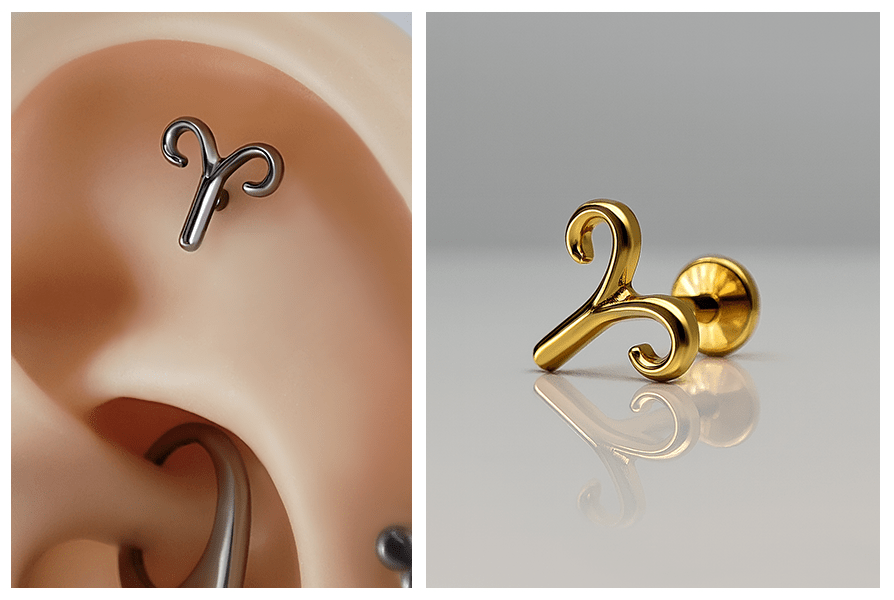 Labret z symbolem zodiaku Baran – prezentacja na silikonowym modelu ucha i zbliżenie produktu w wersji złotej na białym tle