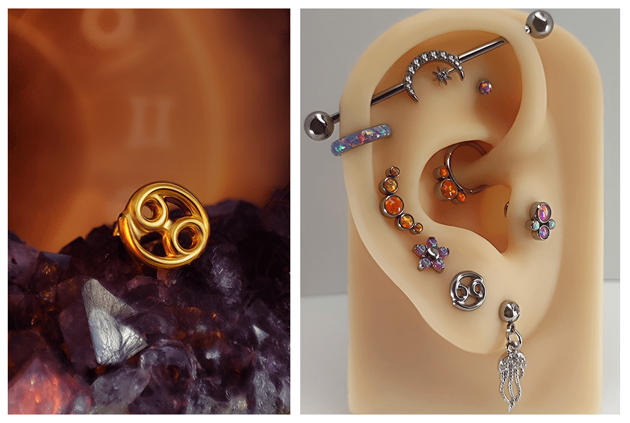 Labret z symbolem zodiaku Rak — złote zbliżenie na kryształach oraz srebrny model pokazany na silikonowym uchu w stylizacji z innymi kolczykami