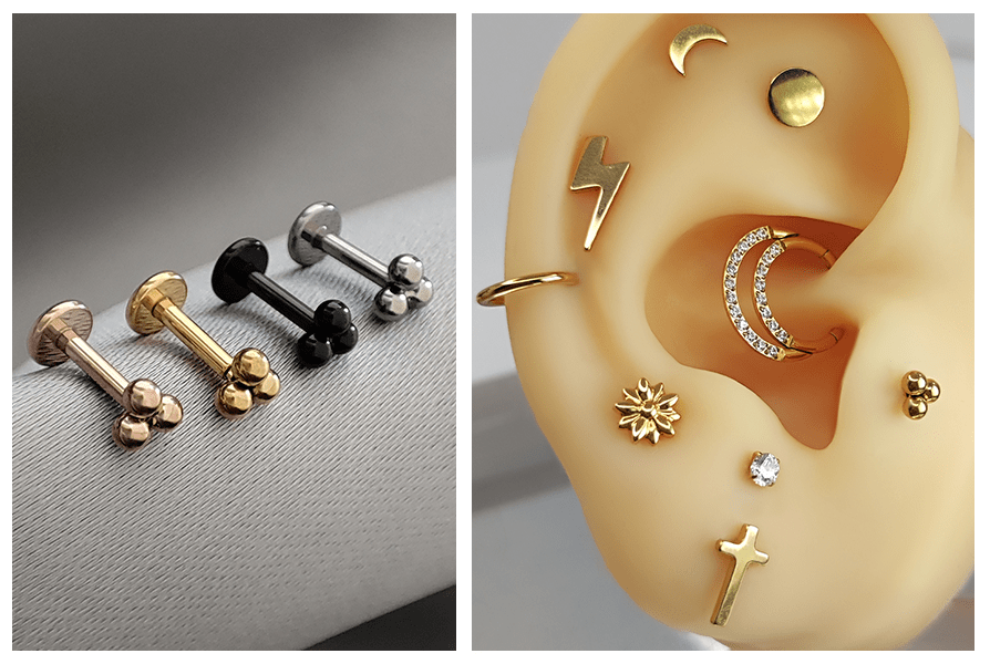Labret z trzema kuleczkami – cztery kolory: różowe złoto, złoty, czarny, srebrny; obok ucho z założoną złotą wersją