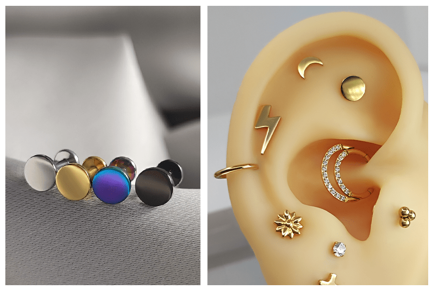 Labret z płaskim dyskiem – różne kolory (srebrny, złoty, tęczowy, czarny) oraz stylizacja na silikonowym uchu