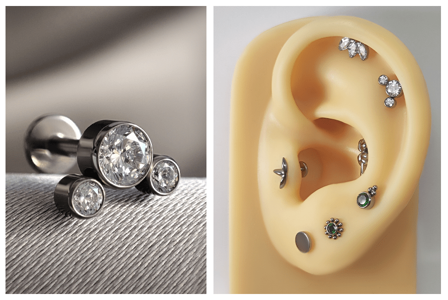 Labret z trzema kryształami (cluster) – zbliżenie na tkaninie i stylizacja w uchu (helix/tragus/lobe); srebrny, minimalistyczny piercing ucha