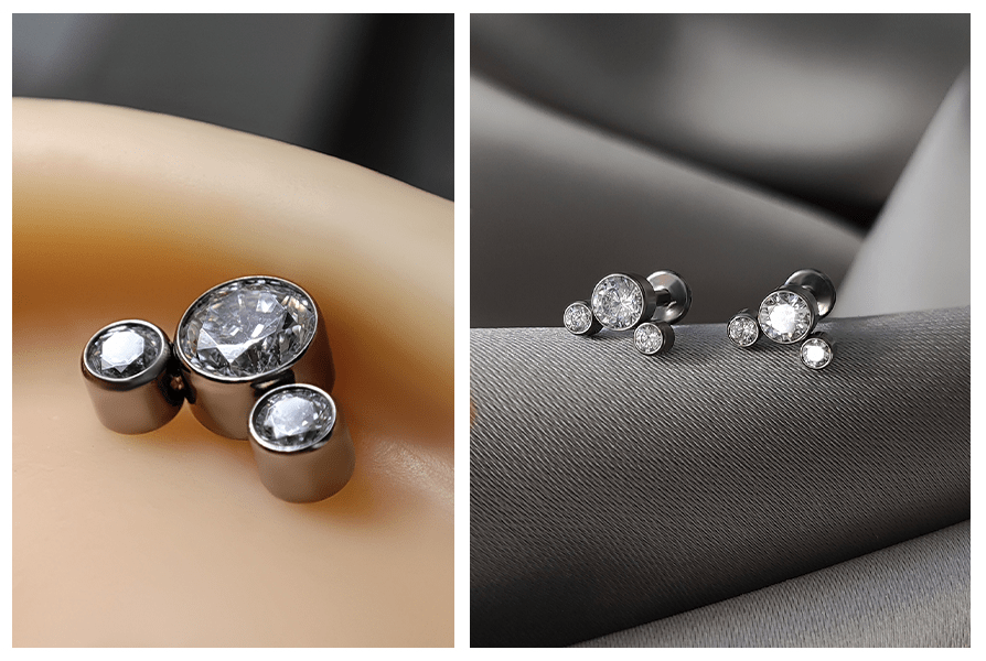 Potrójne kryształy w labrecie — detal na uchu oraz ujęcie dwóch sztuk na materiale