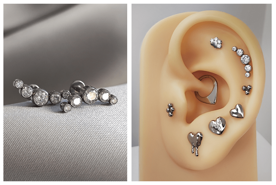 Labret kryształowy – duży cluster z 5 kamieni w srebrnym tytanie; zbliżenie produktu i sposób noszenia w helixie