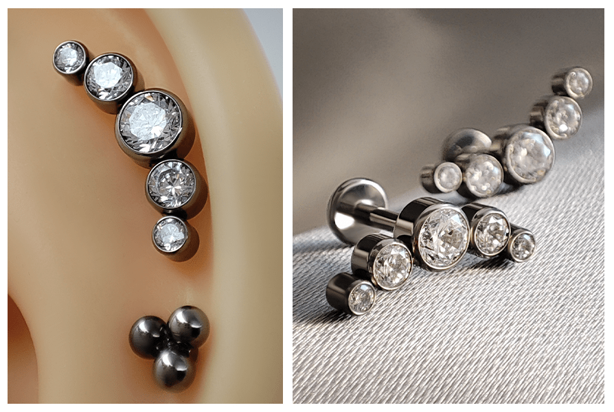 Duży cluster do labretu – pięć przejrzystych kryształów w linii; ujęcie w uchu + widok dwóch sztuk na materiale