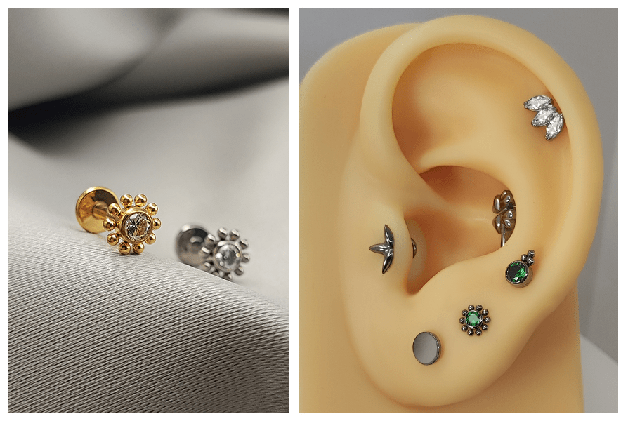Labret kwiatek – złoty i srebrny, centralny kryształek i kulkowe płatki; zbliżenie produktu + przykład noszenia w kompozycji (w uchu)