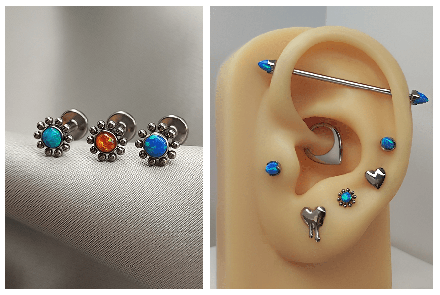 Labret kwiatek z opalem – trzy kolory (zielony, pomarańcz, błękit), tytan G23; zbliżenie na stylizację z kolczykami z opalowymi akcentami