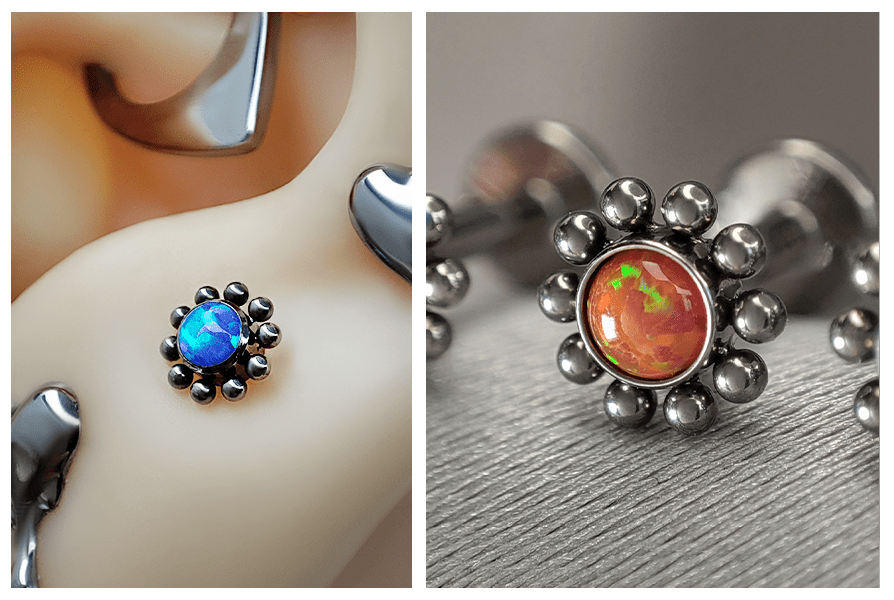 Srebrny labret kwiatek – niebieski opal w uchu oraz detal wersji z pomarańczowej