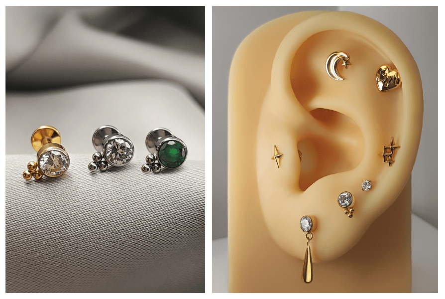 Labret z kryształkiem i trzema małymi kulkami – złoty i srebrny, także wersja z zielonym kamieniem; zbliżenie oraz kompozycja w uchu