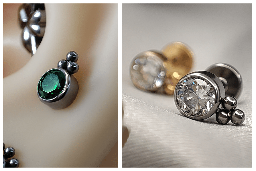 Srebrny labret z zielonym kryształkiem i potrójną kuleczką – detal w uchu oraz makro ujęcie wersji z przejrzystym kamieniem