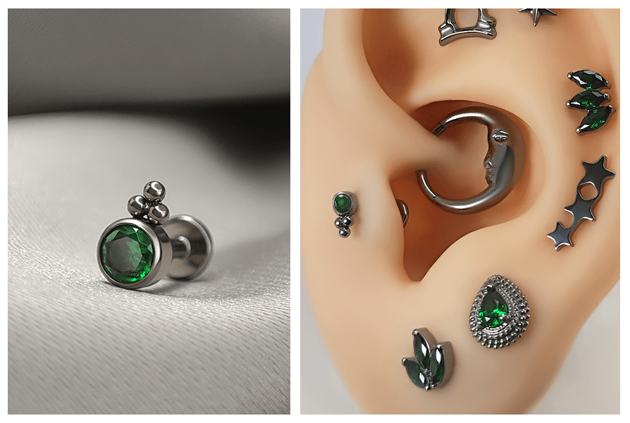 Labret z kryształkiem i małymi kulkami – model z zielonym kamieniem na tkaninie oraz subtelny stud założony w uchu