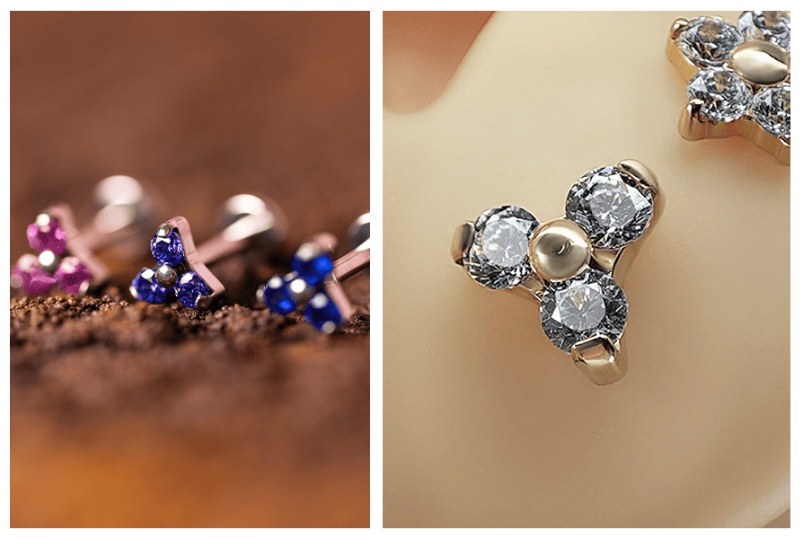 Kryształowy kwiatek do labretu z gwintem wewnętrznym – makro różowych i niebieskich wersji + zbliżenie bezbarwnego kwiatka