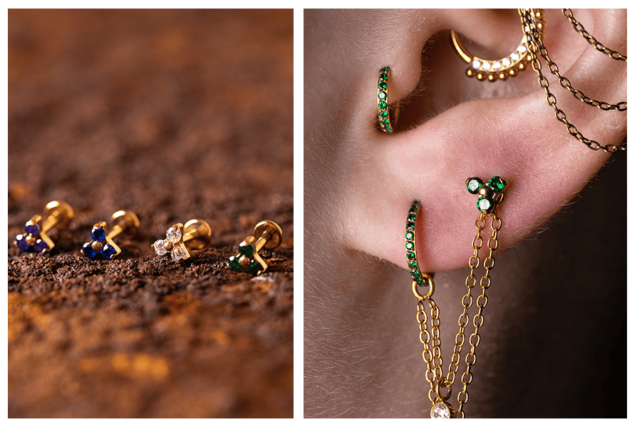 Labret mały kryształowy kwiatek, gwint wewnętrzny – warianty kolorów na zdjęciu + stylizacja w uchu