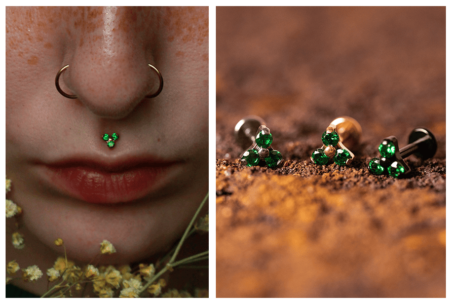 Labret z gwintem wewnętrznym – mały kryształowy kwiatek zielony w piercingu nad górną wargą + makro kilku sztuk