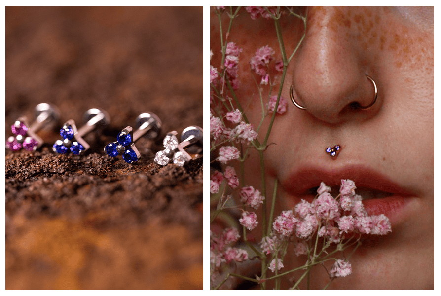 Labret mały kryształowy kwiatek, gwint wewnętrzny – makro srebrnych wariantów + założony nad górną wargą (niebieski)