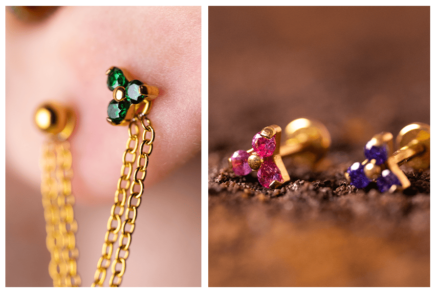 Labret z gwintem wewnętrznym – zielony kryształowy kwiatek w uchu ze stylizacją z łańcuszkami + makro róż/fiolet